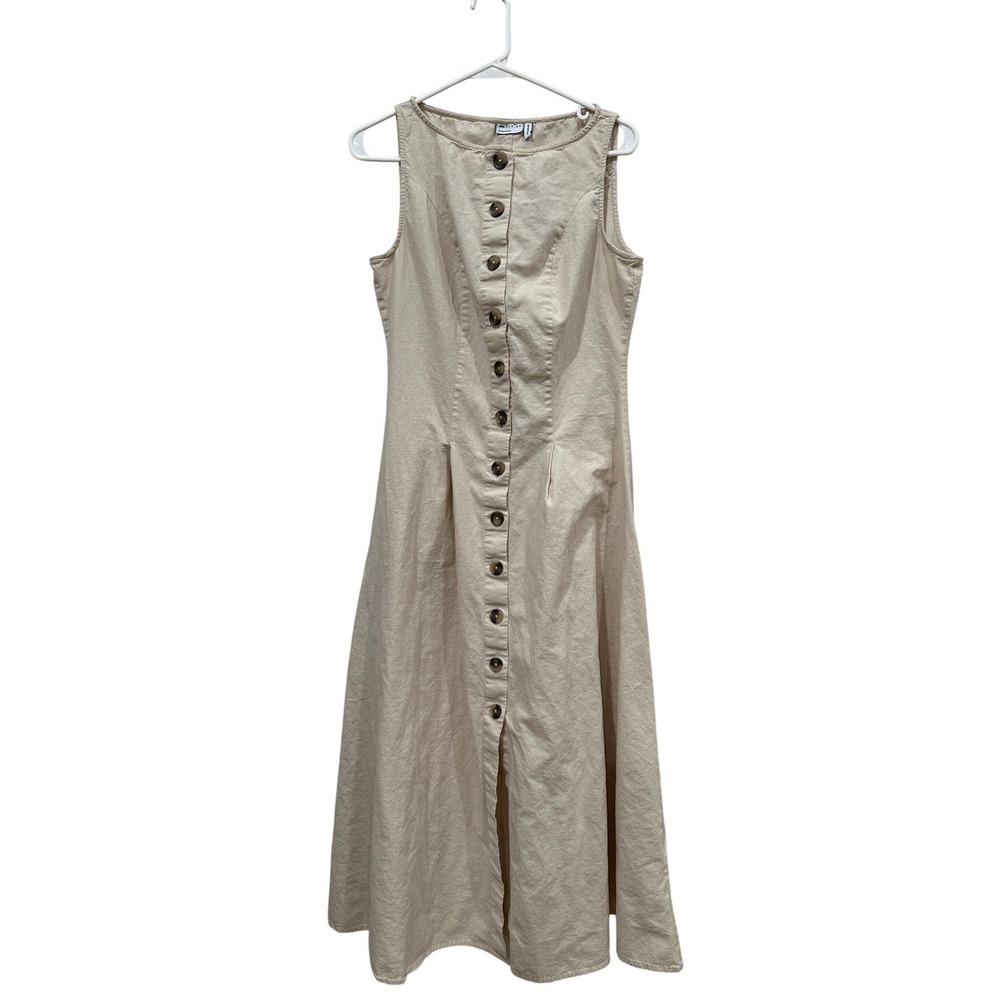 ASOS DESIGN Womens Beige Cotton Linen Button Down Sleeveless Midi Dress Size 8